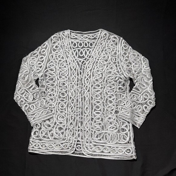 Satin Embroidered Over Mesh Jacket & Lined Sleeveless blouse. Large Silver - Picture 3 of 13